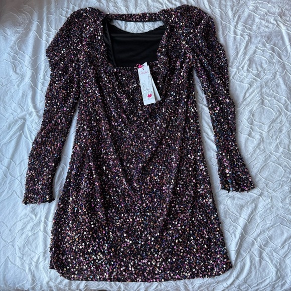 Parker Multicolor Sequin Long Sleeve Dress Open Back Detail - Picture 7 of 15